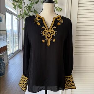 Kobi Halperin Black Gold Embellished Cuffed Sleeve Silk Blouse